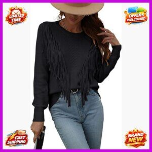 Loose Fit Fringe Tassel Cable Knit Pullover Sweater Long Sleeve Crewneck